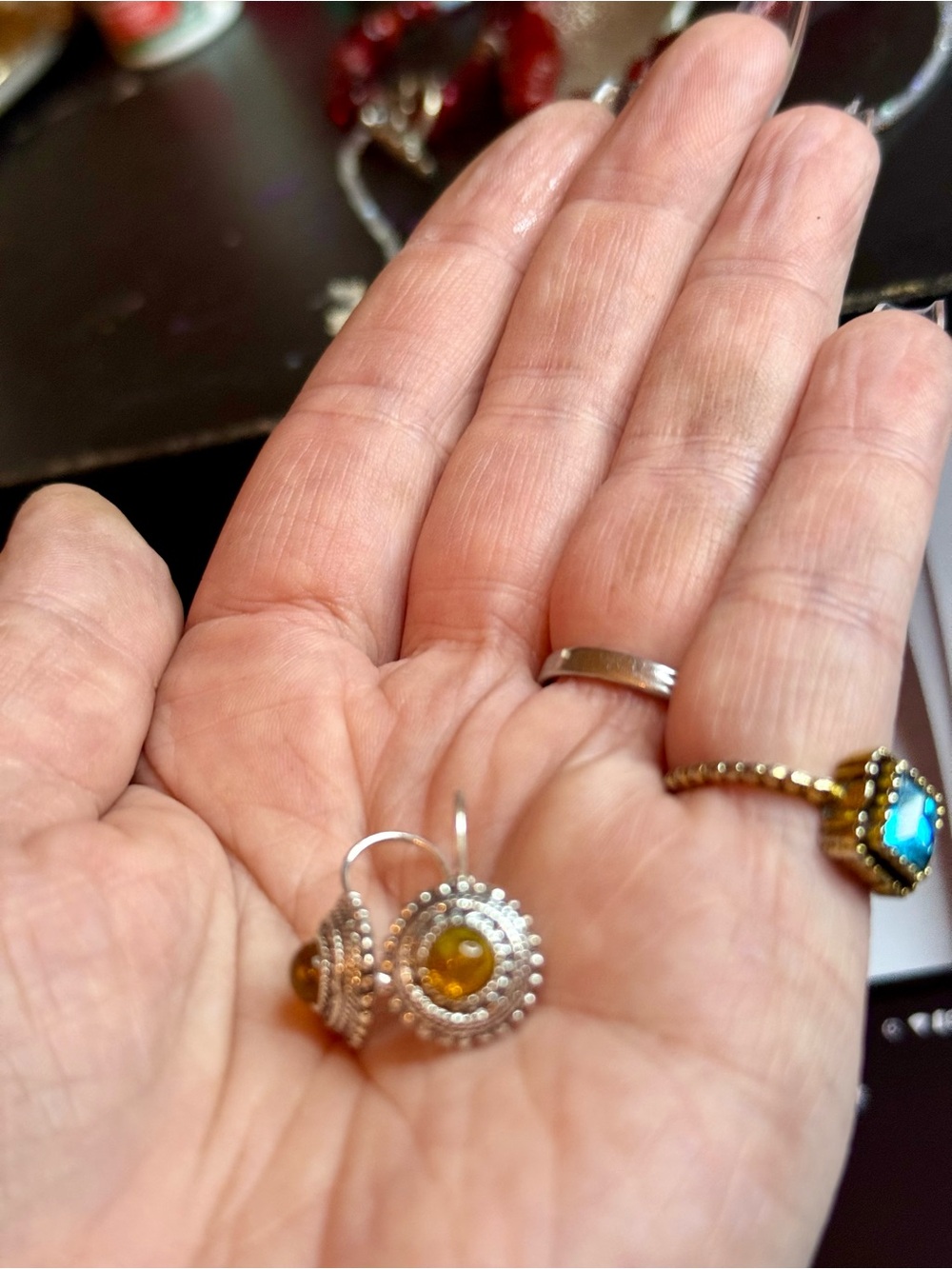 Silver-Tone Drop Earrings with Amber Center